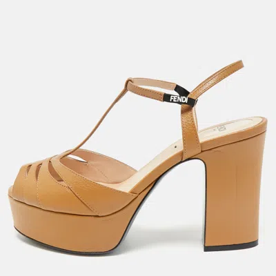 Pre-owned Fendi Brown Leather Duo Platform Sandals Size 37