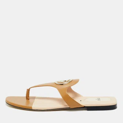 Pre-owned Fendi Brown Leather F Logo Thong Flats Size 38