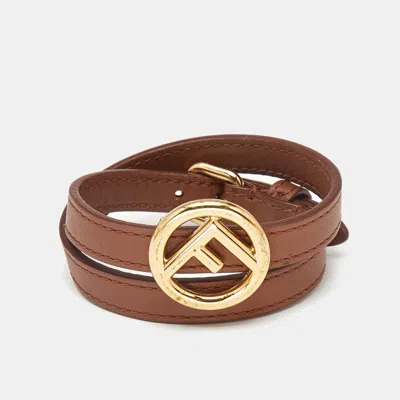 Pre-owned Fendi Brown Leather Gold Tone Double Wrap Bracelet S