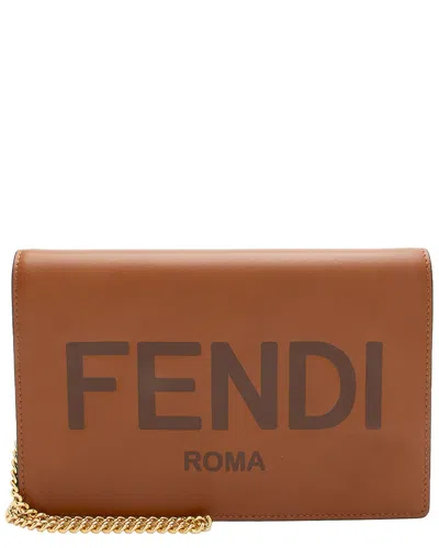 Pre-owned Fendi Brown Leather King Logo Wallet On Chain (authentic Pre-loved)