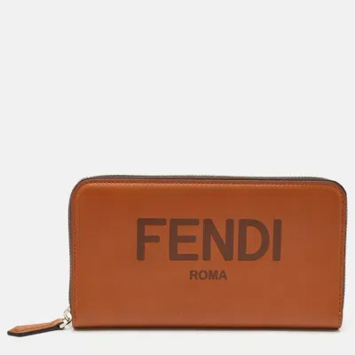 Pre-owned Fendi Brown Leather Logo Embossed Zip Around Wallet