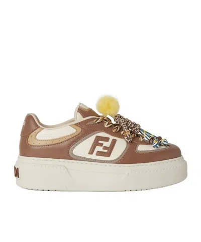 Fendi Brown Leather Platform Low-tops With Charm