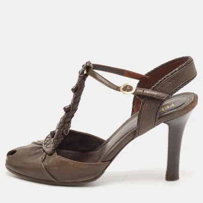 Pre-owned Fendi Brown Leather T Strap Peep Toe Ankle Strap Sandals Size 38