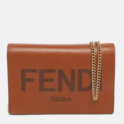 Pre-owned Fendi Brown Leather Wallet On Chain