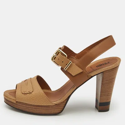 Pre-owned Fendi Brown Lizard Embossed Leather Platform Ankle Strap Sandals Size 40