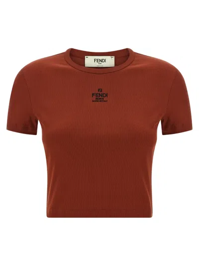 Fendi Embroidered Logo Short Sleeve Top In Red