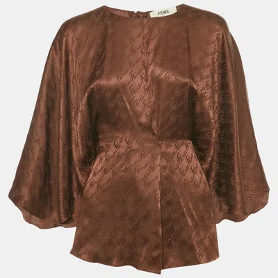 Pre-owned Fendi Brown Logo Jacquard Satin Flared Blouse S