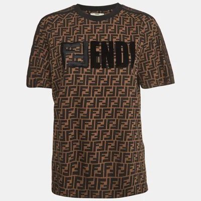 Pre-owned Fendi Brown Logo Printed Cotton Embroidered Crewneck T-shirt M