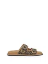 Fendi Canvas Feel Slippers With Adjustable Straps And Ff Motif Embroidery In Brown
