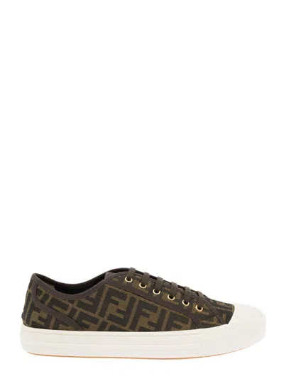 Fendi Men Brown Sneaker With All-over Ff Motif In Fabric Man In Black