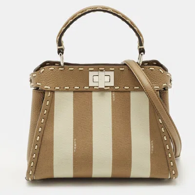 Pre-owned Fendi Brown Marco Stitch Selleria Leather Pequin Fabric Mini Peekaboo Top Handle Bag