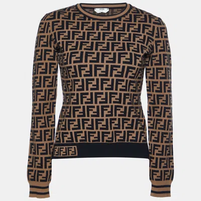 Pre-owned Fendi Brown Monogram Knit Crew Neck Sweater S