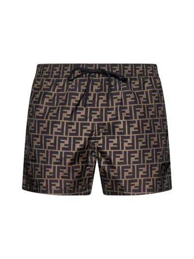 Fendi Tech Fabric With All-over Ff Pattern Swim Shorts In Brown