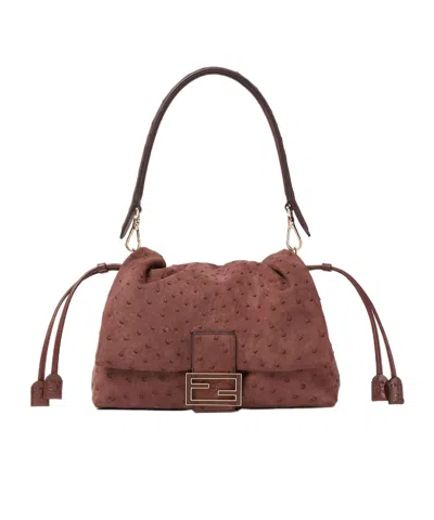 Fendi Mamma Baguette Medium Ostrich Bag In Brown