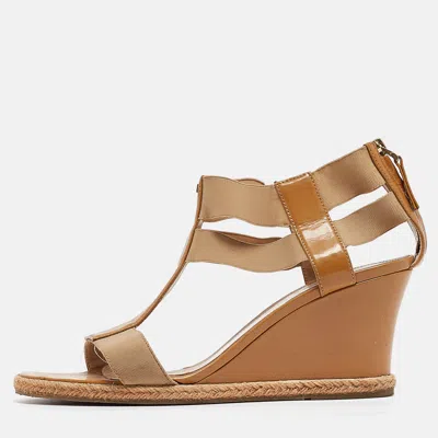 Pre-owned Fendi Brown Patent And Elastic Wedge Sandals Size 39.5 In Beige