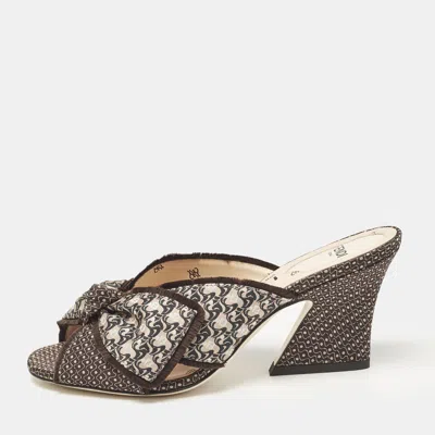 Pre-owned Fendi Brown Printed Fabric Knotted Bow Slide Sandals Size 36.5