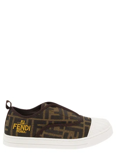 FENDI BROWN PULL-ON SNEAKERS WITH LOGO EMBROIDERY IN FF CANVAS BOY