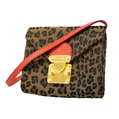 Pre-owned Fendi Brown Red Color Nylon Canvas Shoulder Bag () In Brown, Red Color