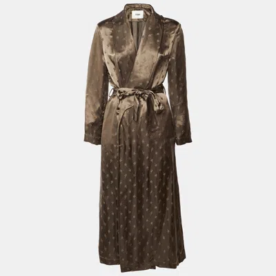 Pre-owned Fendi Brown Satin Floral Jacquard Belted Overcoat S