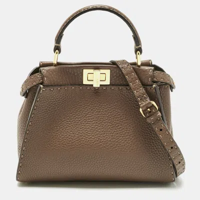 Pre-owned Fendi Brown Selleria Leather Mini Peekaboo Top Handle Bag