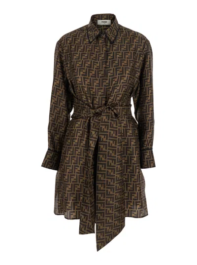 Fendi Brown Shirt Dress With Monogram Logo Print All-over In Silk Woman In F1440
