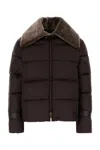Fendi Women Brown Down Jacket With Shearling Collar And Logo Patch On The Front In Tech Fabric Woman In Brown