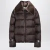 Fendi Women Brown Down Jacket With Shearling Collar And Logo Patch On The Front In Tech Fabric Woman In Brown