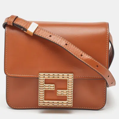Pre-owned Fendi Brown Smooth Leather Crystal Fab Crossbody Bag