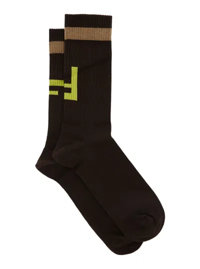 Fendi Brown Socks With Ff Logo Embroidery In Cotton Blend Man