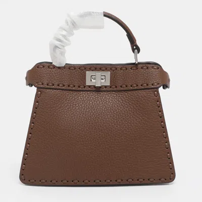 Pre-owned Fendi Brown Stitch Selleria Leather Petite Peekaboo Iseeu Top Handle Bag