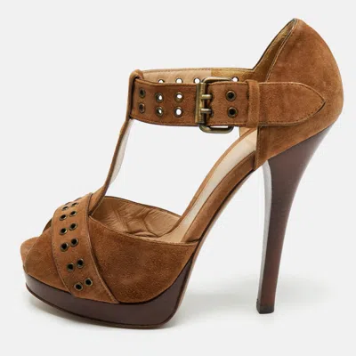 Pre-owned Fendi Brown Suede T-bar Ankle-strap Platform Sandals Size 39
