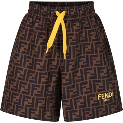 FENDI BROWN SWIM SHORTS FOR BOY WITH ICONIC FF AND FENDI LOGO