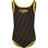 FENDI BROWN SWIMSUIT FOR GIRL WITH ICONIC FF AND FENDI LOGO