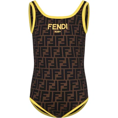 Fendi Kids' Brown Swimsuit For Girl With Iconic Ff And  Logo
