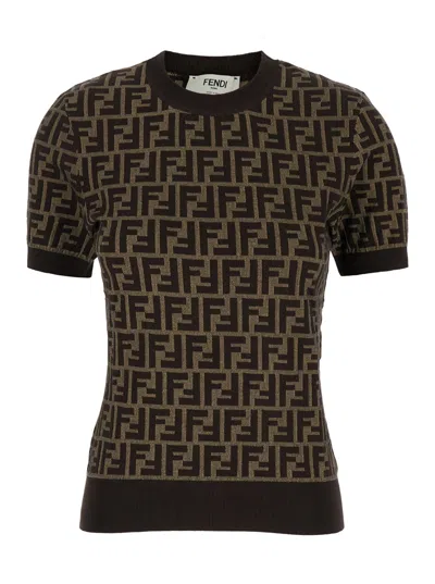 Fendi Ff Logo Intarsia Knit Top In Brown Black