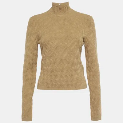 Pre-owned Fendi Brown Textured Knit Mock Neck Pullover M