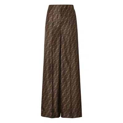 Fendi Ff Silk Twill Wide Leg Pants In Brown