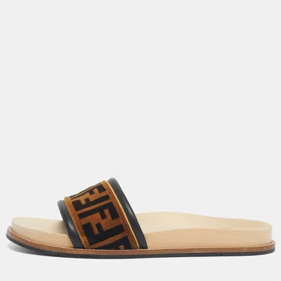 Pre-owned Fendi Brown Velvet Zucca Flat Slide Size 45