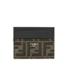 Fendi Men Leather Card Holder With Ff Jacquard Fabric Inserts In Brown