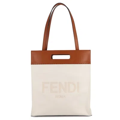Pre-owned Fendi Brown White Leather Canvas Shopping Bag Shoulder Bag Tote Bag () In Multi