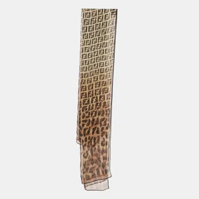 Pre-owned Fendi Brown Zucca & Leopard Print Silk Scarf