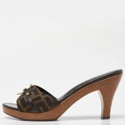 Pre-owned Fendi Brown Zucca Canvas And Leather Platform Open Toe Slide Sandals Size 38