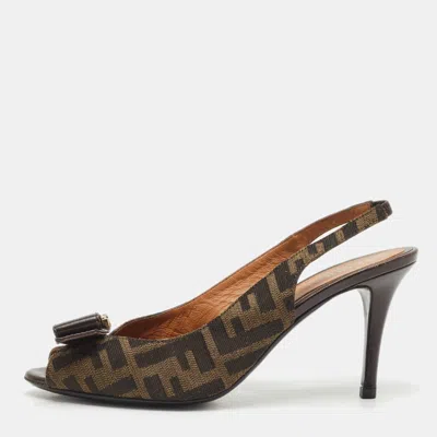Pre-owned Fendi Brown Zucca Canvas And Leather Slingback Pumps Size 37.5