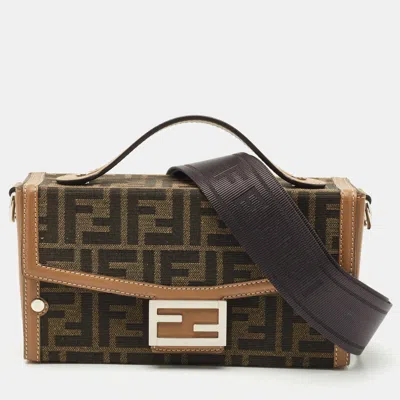 Pre-owned Fendi Brown Zucca Canvas And Leather Soft Trunk Baguette Bag