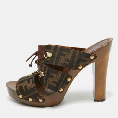 Pre-owned Fendi Brown Zucca Canvas And Leather Strappy Platform Sandals Size 39.5