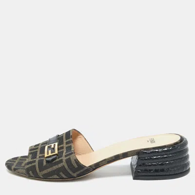 Pre-owned Fendi Brown Zucca Canvas Block Heel Slide Sandals Size 39.5