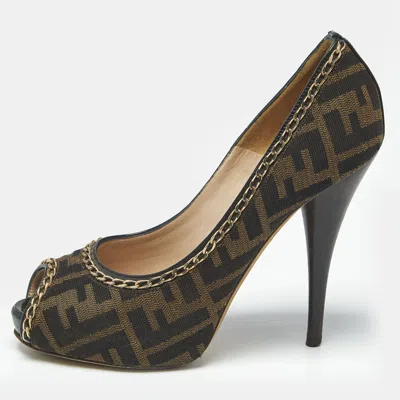 Pre-owned Fendi Brown Zucca Canvas Chain Embellished Peep Toe Pumps Size 37