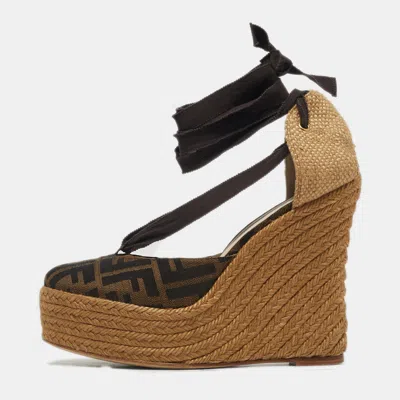 Pre-owned Fendi Brown Zucca Canvas Espadrille Wedge Sandals Size 41