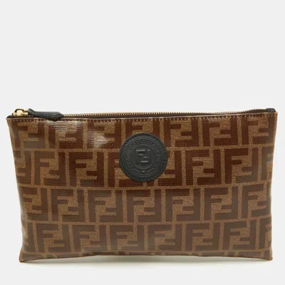 Pre-owned Fendi Brown Zucca Coated Canvas Ffreedom Flat Pouch