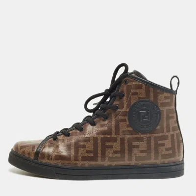 Pre-owned Fendi Brown Zucca Coated Canvas Lace Up High Top Sneakers Size 39